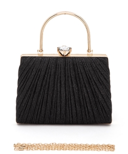 Diamond Clasp Top Handle Metallic Pleated Box Clutch 1970 BLACK